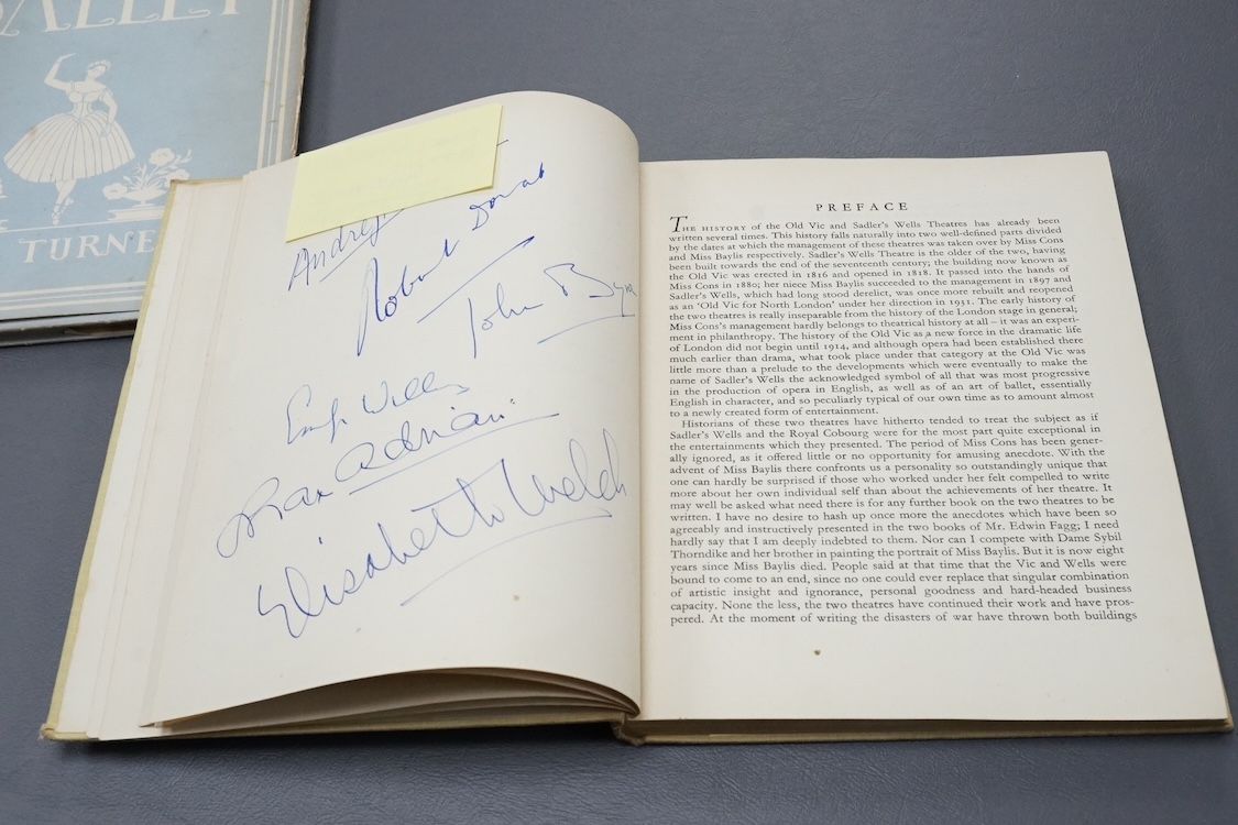 Two heavily autographed theatrical books; The English Ballet by W.J. Turner and A Theatre For Everybody by E.J. Dent, both extensively filled with autographs including; Alec Guiness, Margot Fonteyn, Pamela May, Robert He